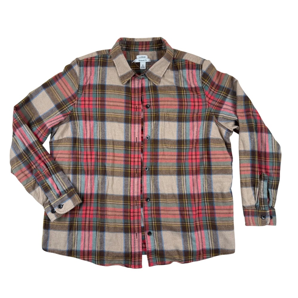 L.L.Bean Plaid Flannel Shirt 1X Plus Relaxed Fit Button Up Cotton